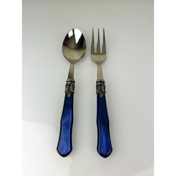 INOX Napoleon 18/10 Made in Italy Blue Stainless Steel Serving Spoon & Fork 9.5" - Picture 2 of 15